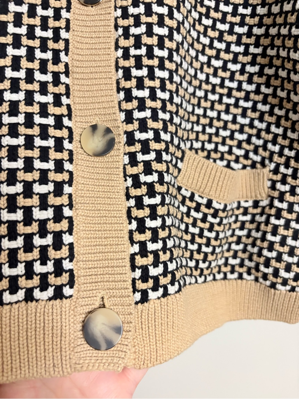 Ann Taylor Black Tan White Textured Knit Button Front Cardigan Sweater Size XL - Picture 3 of 11